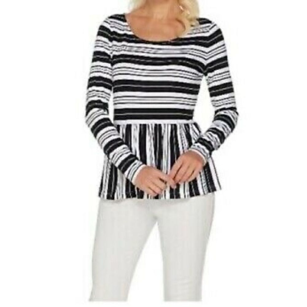 Du Jour Stripe Printed Long Slv Knit Peplum Top